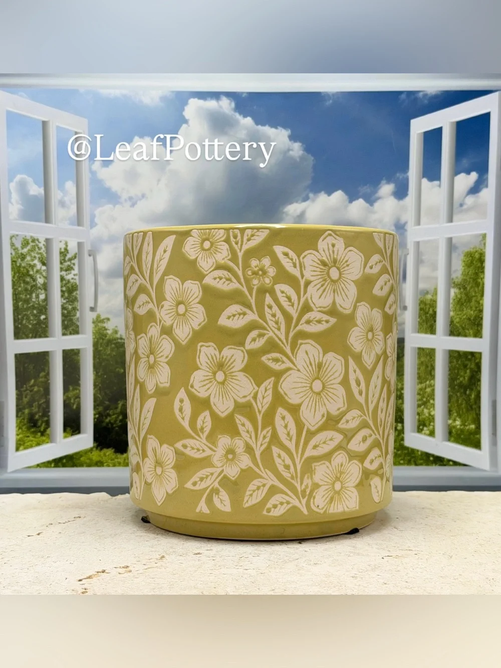 Mustard Yellow Floral Ceramic Planter with Drainage Hole, 6 Inch planter